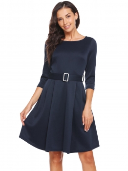 

Navy blue Round Neck 3"4 Sleeve Solid Dress with Belt, Multicolor