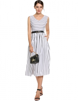 

Black white Casual Slim Striped V-Neck Sleeveless Pleated Dress, Multicolor