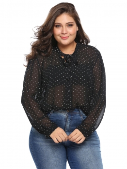 

Black Plus Size Tie-Bow Neck Long Sleeve Dot Loose Chiffon Blouse, Multicolor