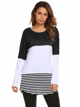 

Black white Long Sleeve Striped Patchwork O Neck Casual Top, Multicolor