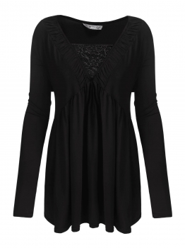 

Black Plus Size Lace Patchwork V-Neck Long Sleeve Pleated Tops, Multicolor