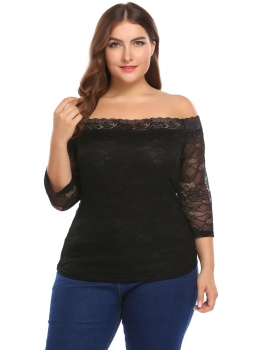 

Black Plus Size Off Shoulder 3"4 Sleeve Floral Lace Slim Fit Tops, Multicolor