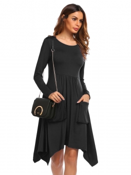 

Black O-Neck Long Sleeve Solid A-Line Dress, Multicolor