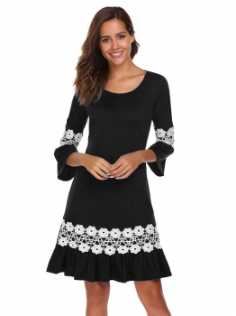 

Black O-Neck 3"4 Sleeve Applique A-Line Dress, Multicolor