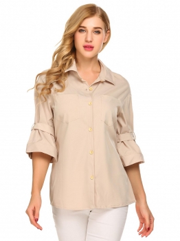 

Khaki Women 3"4 Sleeve Solid Casual Loose Pocket Button Down Shirt with Belt, Multicolor