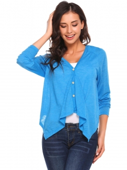 

Blue Solid Buttoned Asymmetrical Hem Long Sleeve Jacket, Multicolor