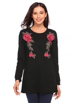 

Black Women Vintage O-Neck Long Sleeve Embroidery Casual Pullover Sweatshirt, Multicolor