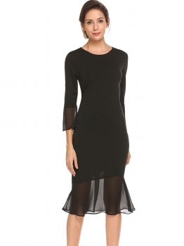 

Black Women Split Flare Sleeve Chiffon Patchwork Evening Party Fishtail Pencil Dress, Multicolor
