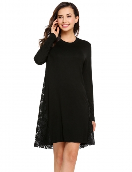 

Black O-Neck Long Sleeve Patchwork Lace Loose Dress, Multicolor