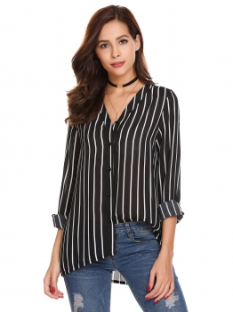 

Black Women Casual V-Neck Long Sleeve Striped Button Asymmetrical Hem Sexy Shirt Blouse Tops, Multicolor