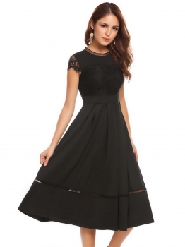

Women Casual O-Neck Cap Sleeve Lace Patchwork A-Line Pleated Hollow Out Sexy Dress, Multicolor