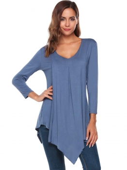 

Blue Solid Asymmetrical Hem 3"4 Sleeve V Neck Tops, Multicolor