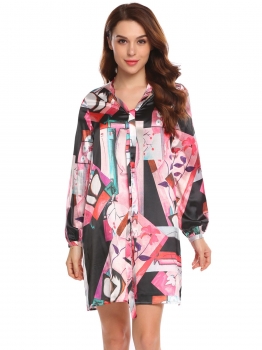 

Black Women Long Sleeve Print Lace Up V Neck Satin Loose Mini Shift Dress, Multicolor