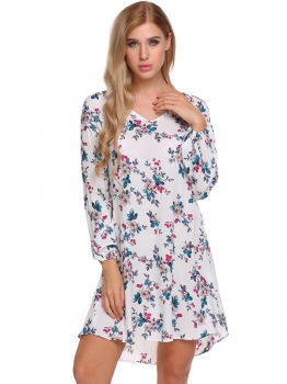 

Beige V Neck Long Sleeve Floral Loose Tunic Dress, Multicolor