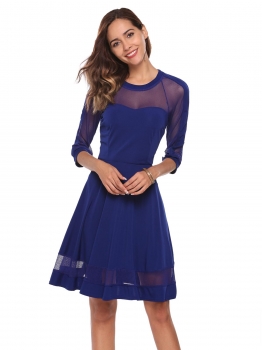 

Blue 3"4 Sleeve Fishnet Patchwork Cut Out Dress, Multicolor