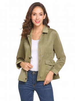 

Army green Women Casual Solid Long Shirt Sleeve Elastic Waist Zipper Pocket Button Jacket, Multicolor