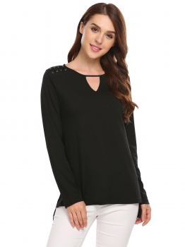 

Black Solid Long Sleeve Asymmetric Loose Key Hole Casual Tops, Multicolor