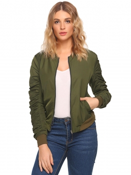 

Army green Ruched Long Sleeve Solid Zip-up Short Bomber Jacket, Multicolor