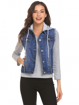 

Dark blue Women Hooded Sleeveless Frayed Denim Vest, Multicolor