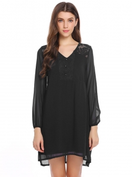 

Black Puff Sleeve Lace Patchwork Chiffon Dress, Multicolor