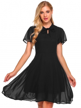 

Black Tie Bow Neck Solid Chiffon Dress, Multicolor
