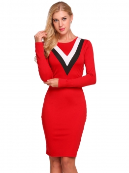 

Red Long Sleeve Contrast Color Patchwork Bodycon Dress, Multicolor