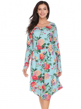 

Blue O-Neck Long Sleeve Floral Loose Dress, Multicolor