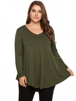 

Army green V-Neck Long Sleeve Solid Plus Size Asymmetry Hem Tops, Multicolor