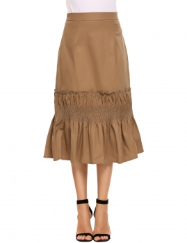 

Brown High Waist Ruched Calf Length Flare Skirt, Multicolor