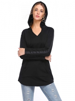 

Black Drawstring Hooded Long Sleeve Patchwork Pocket Pullover Hoodie, Multicolor