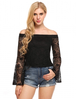 

Black Off the Shoulder Bell Sleeve Lace Slim Tops, Multicolor