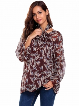 

Wine red Flare Sleeve O Neck Floral Print Chiffon Shirt Blouse With Tie, Multicolor