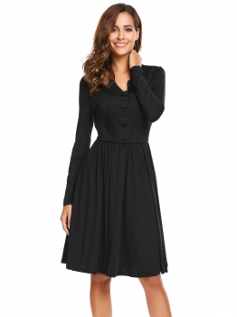 

Black Women Casual V-Neck Long Sleeve Solid Button Elastic Waist A-Line Pleated Sexy Dress, Multicolor