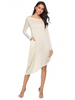 

Beige Long Sleeve Solid Asymmetrical Loose Dress, Multicolor