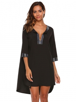 

Black 3"4 Sleeve Loose High Low-Hem Dress, Multicolor