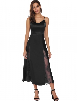 

Black Spaghetti Strap Padded Backless Lace Satin Patchwork Maxi Dress, Multicolor