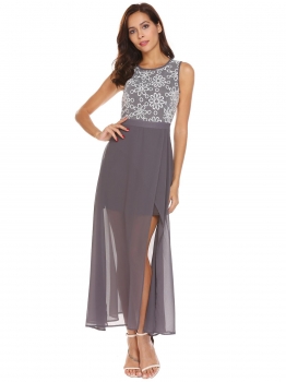 

Grey O-Neck Sleeveless Faux Wrap Chiffon Lace Maxi Dress, Multicolor