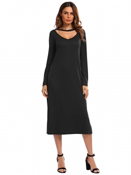 

Black Choker V-neck Long Sleeve Side Split Dress, Multicolor