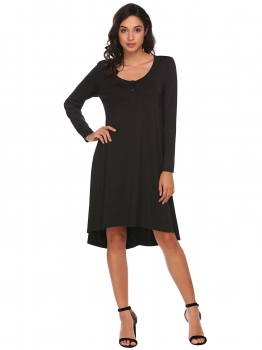 

Black Long Sleeve High Low Loose Casual Dress With Five-Button Placket, Multicolor