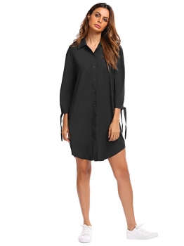

Black 3"4 Sleeve Solid Button Down Loose Shirt Dress, Multicolor