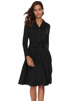 

Black Long Sleeve Buttons Front Belted Solid Dress, Multicolor