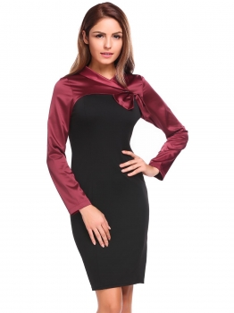

Dark red Long Sleeve Bow-tie Patchwork Slim Dress, Multicolor