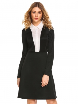 

Black Shirt Collar Long Sleeve Patchwork Dress, Multicolor