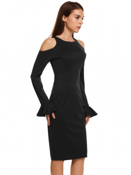 

Black Cold Shoulder Flare Sleeve Solid Bodycon Dress, Multicolor