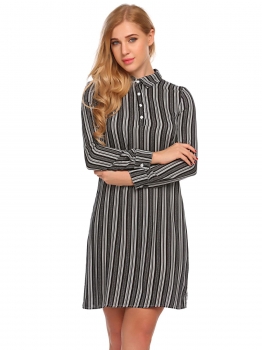 

Black Women Long Sleeve Striped Loose Short Shirt Dress, Multicolor