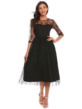 

Black Women Elegant 3"4 Sleeve Sheer Mesh Midi Dress Cocktail Party, Multicolor