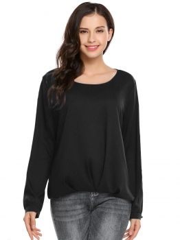 

Black Solid Back Button O-Neck Long Sleeve Loose Chiffon Blouse, Multicolor