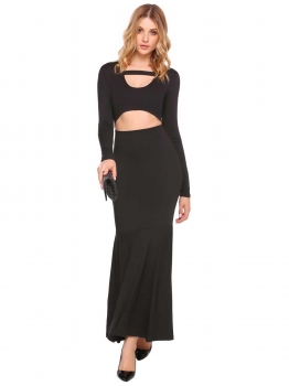 

Black Solid Front Hollow Out O-Neck Long Sleeve Fishtail Dress, Multicolor