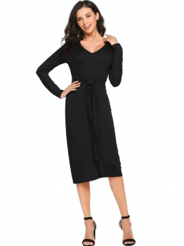 

Black Solid Long Sleeve V Neck Waist Tie Bodycon Pencil Dress, Multicolor