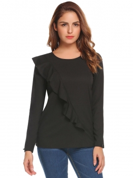 

Black Solid O-Neck Long Sleeve Ruffle Chiffon Tops, Multicolor